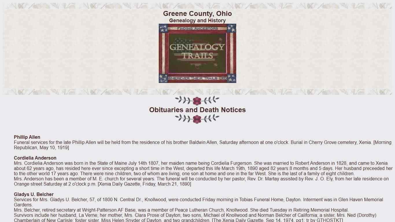 Greene County, Ohio Obituaries and Death Notices